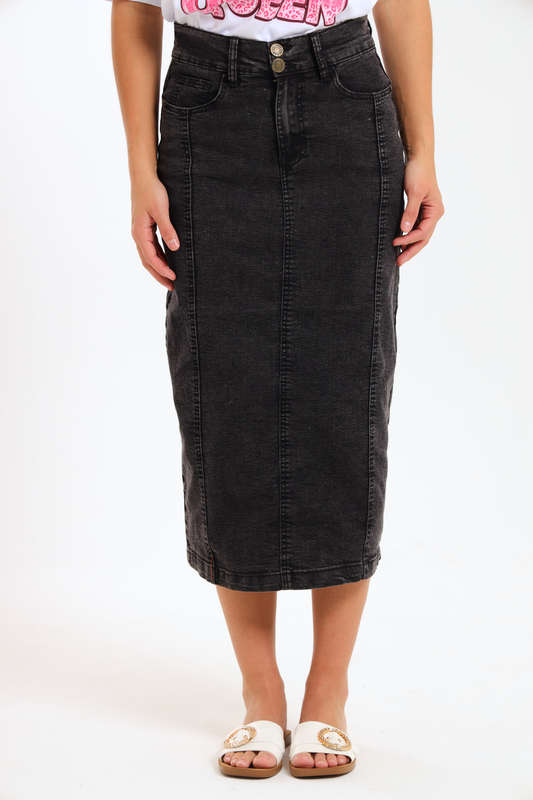 Ladies High Waisted Denim Stretchy Maxi Skirt With Pockets