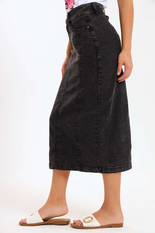 Ladies High Waisted Denim Stretchy Maxi Skirt With Pockets