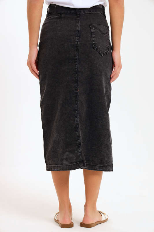 Ladies High Waisted Denim Stretchy Maxi Skirt With Pockets