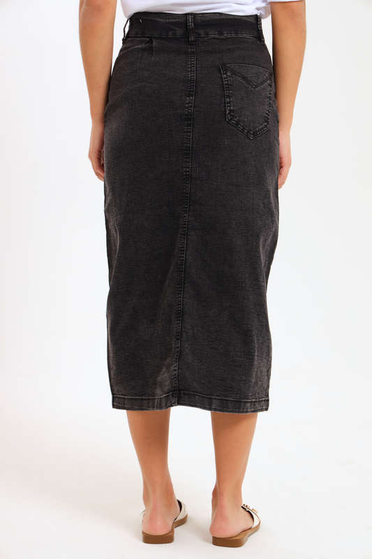 Ladies High Waisted Denim Stretchy Maxi Skirt With Pockets