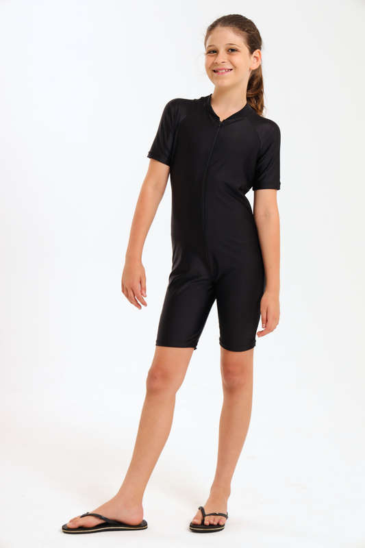 Kids Piece Short Sleeve Bodysuit Swimwear With Zipper Front Black