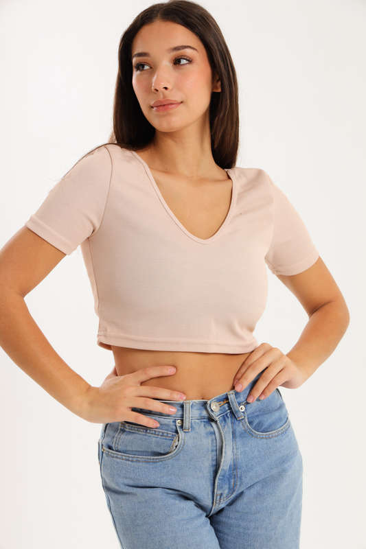 Ladies Short Sleeve V-Neck Sweater Crop Top