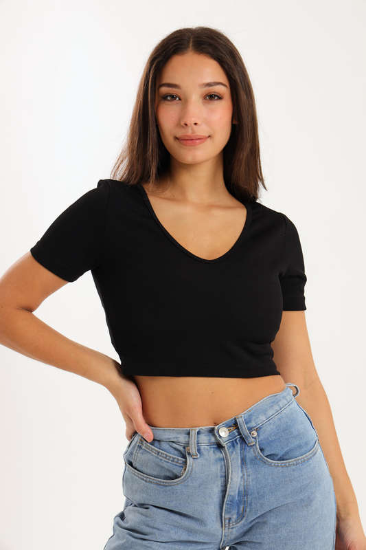 Ladies Short Sleeve V-Neck Sweater Crop Top