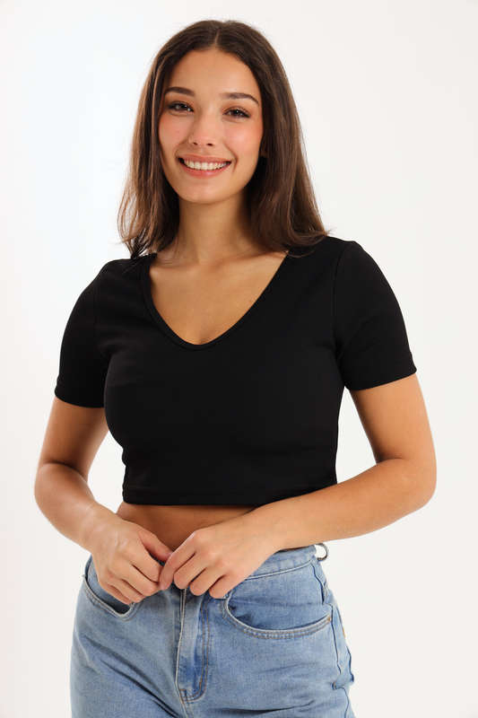 Ladies Short Sleeve V-Neck Sweater Crop Top