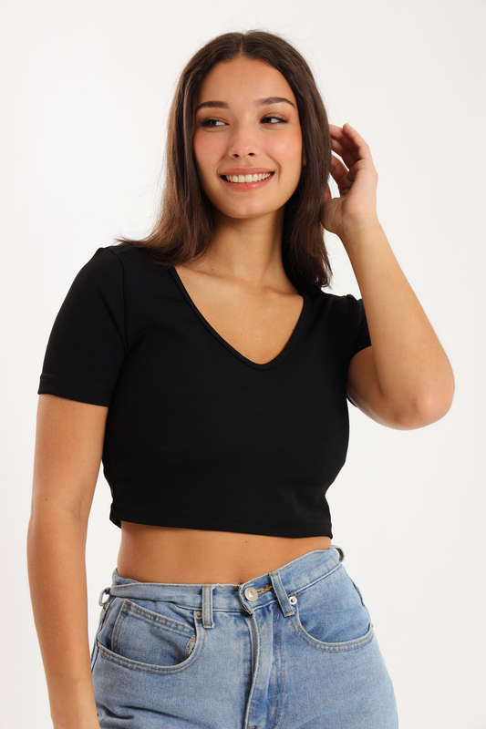 Ladies Short Sleeve V-Neck Sweater Crop Top