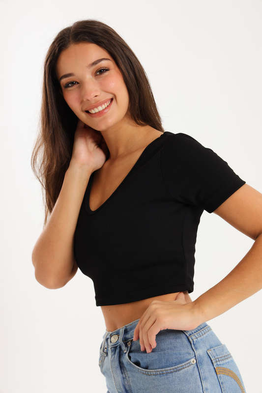 Ladies Short Sleeve V-Neck Sweater Crop Top