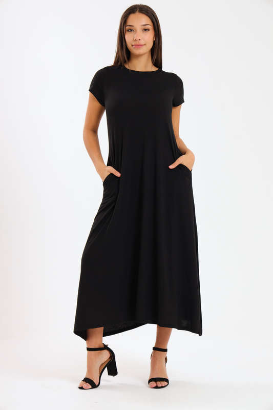 Mia Short Sleeve Maxi Dress With Pockets Black