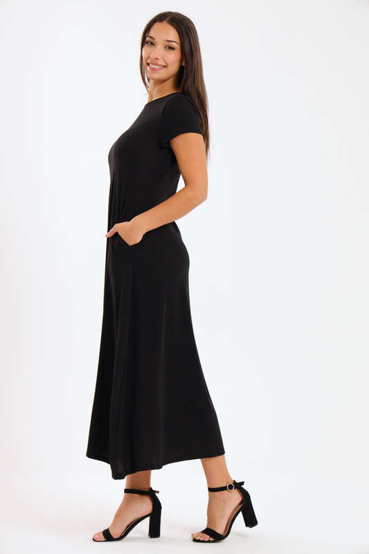Mia Short Sleeve Maxi Dress With Pockets Black