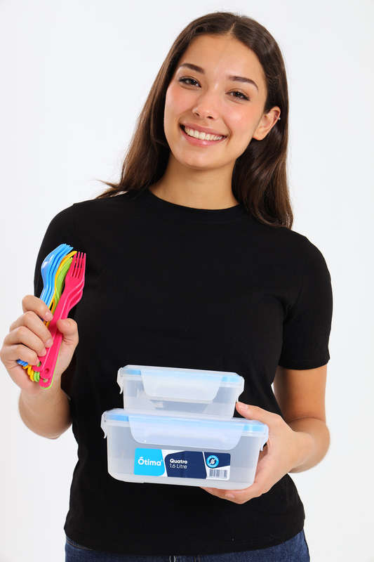 Otima Clear 4 Clip Clear Leakproof School Lunch Box Combo Pack 600ml - 1600ml &amp; 12 Forks