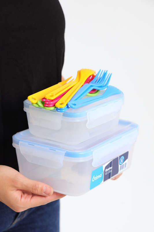 Otima Clear 4 Clip Clear Leakproof School Lunch Box Combo Pack 600ml - 1600ml &amp; 12 Forks
