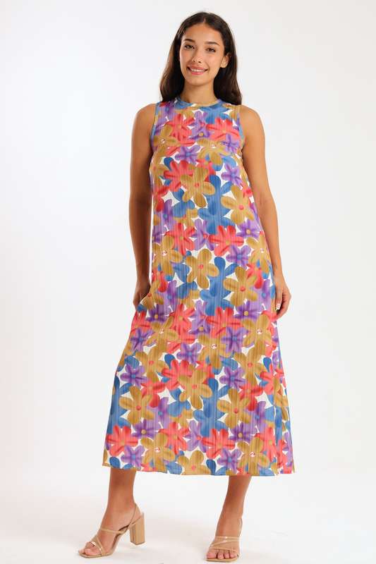 Londyn Ladies Sleeveless Pleated Floral Summer Dress