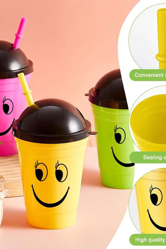 Senza® 4 Pack Face Sipper Party Cups with Lids and Straws for Kids 350 ml