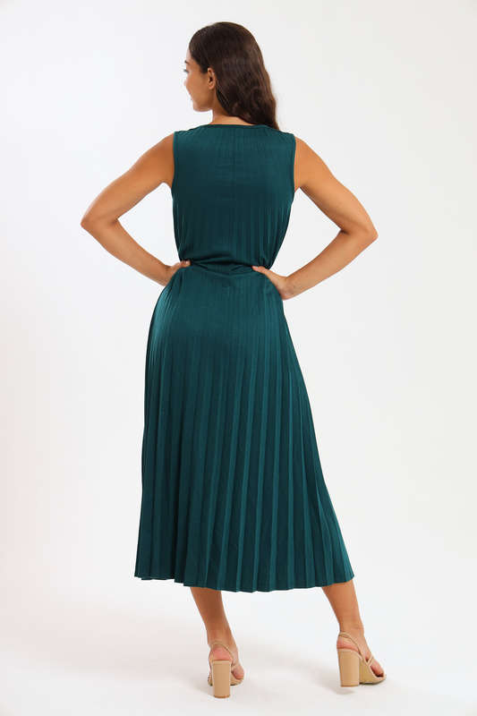Allegra Sleeveless Pleated Ruffle Hem Crew Neck Elegant Midi Dress