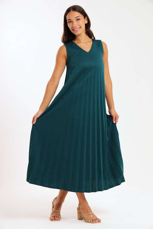 Allegra Sleeveless Pleated Ruffle Hem Crew Neck Elegant Midi Dress