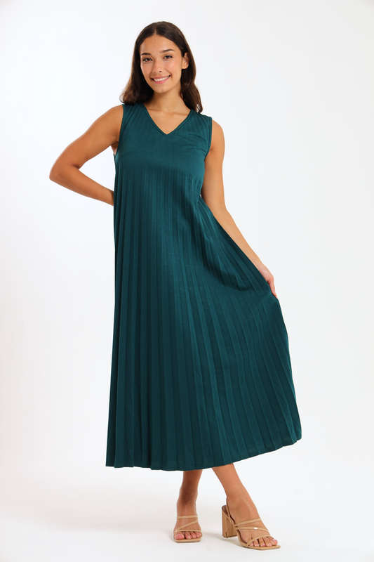 Allegra Sleeveless Pleated Ruffle Hem Crew Neck Elegant Midi Dress