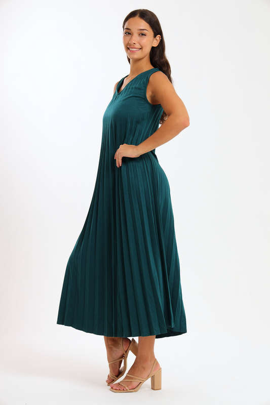 Allegra Sleeveless Pleated Ruffle Hem Crew Neck Elegant Midi Dress