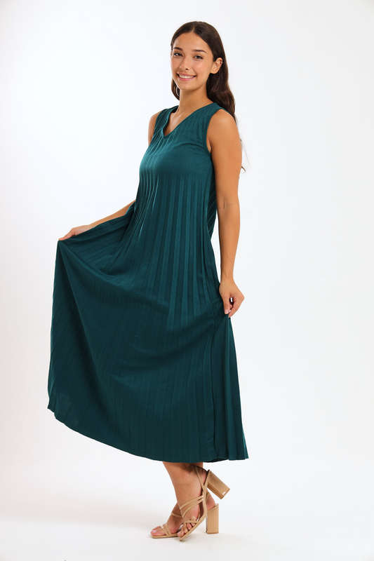 Allegra Sleeveless Pleated Ruffle Hem Crew Neck Elegant Midi Dress
