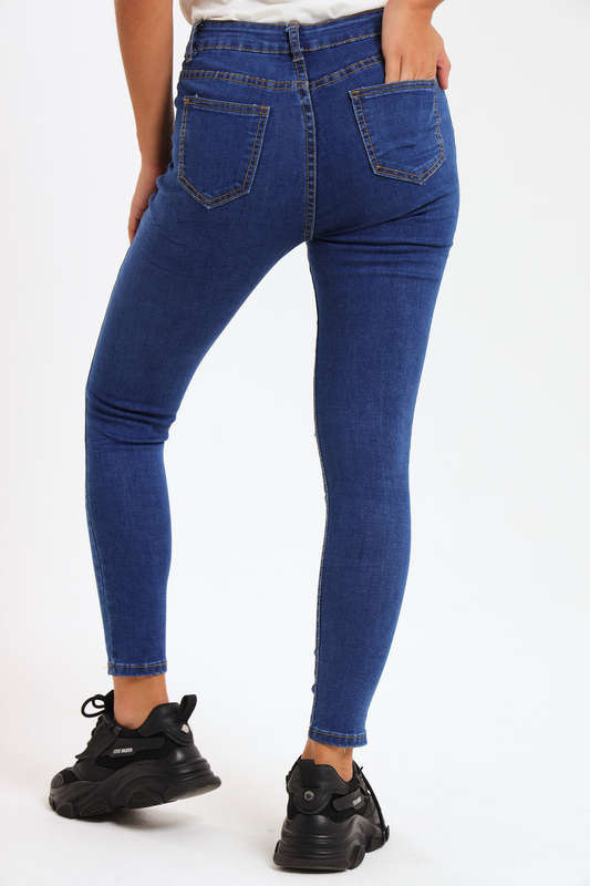 Ladies Dark Blue High Rise Ripped Stretch Skinny Jeans