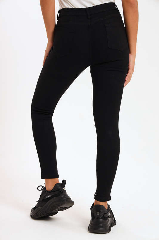 Ladies Dark Black High Rise Ripped Stretch Skinny Jeans