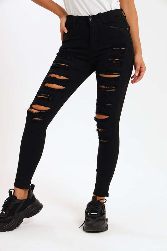 Ladies Dark Black High Rise Ripped Stretch Skinny Jeans