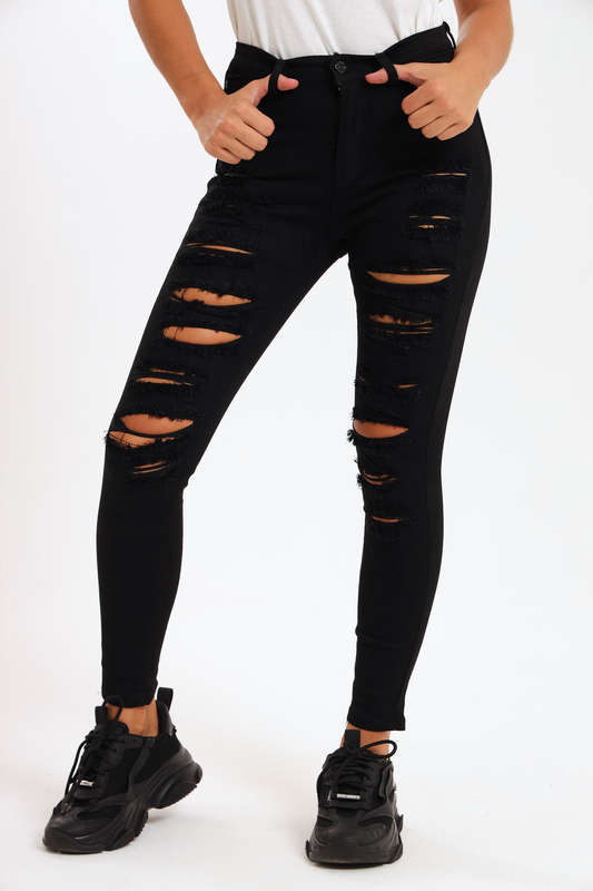 Ladies Dark Black High Rise Ripped Stretch Skinny Jeans