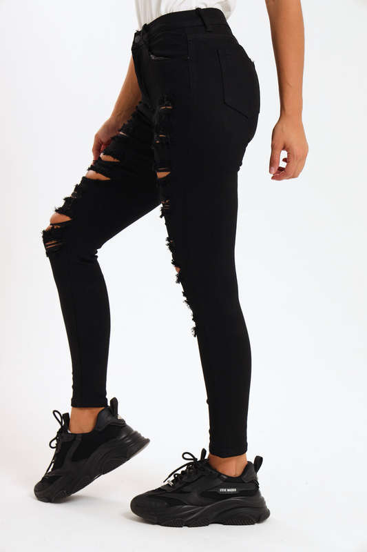 Ladies Dark Black High Rise Ripped Stretch Skinny Jeans