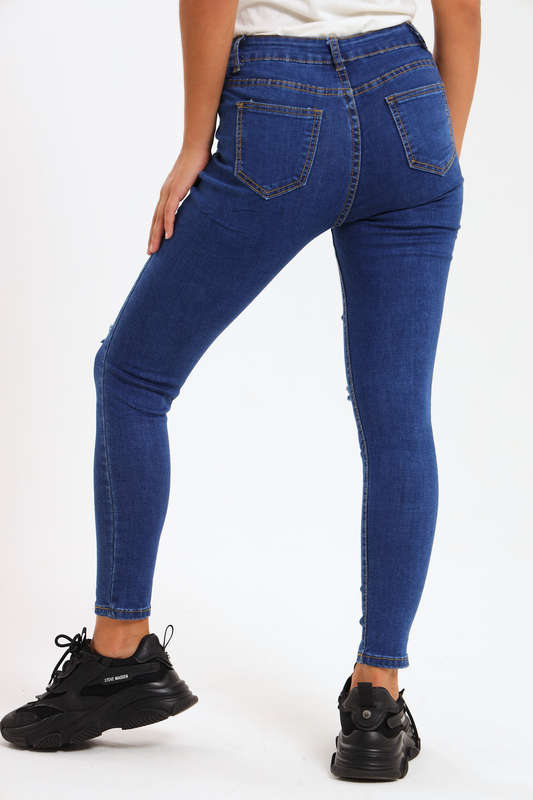 Ladies Dark Blue High Rise Ripped Stretch Skinny Jeans