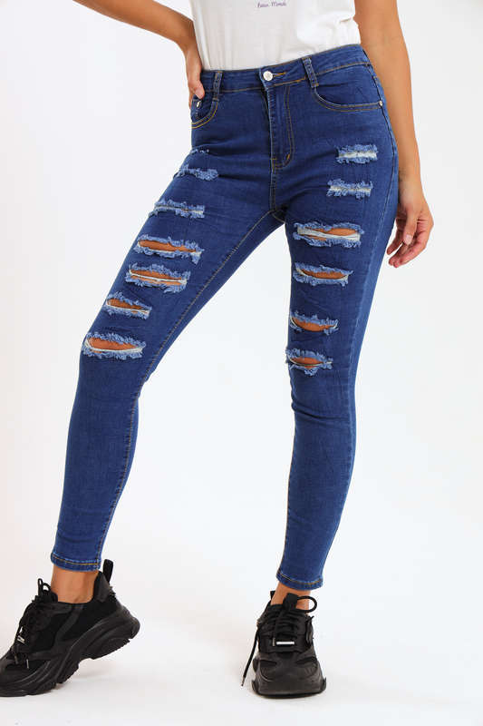 Ladies Dark Blue High Rise Ripped Stretch Skinny Jeans