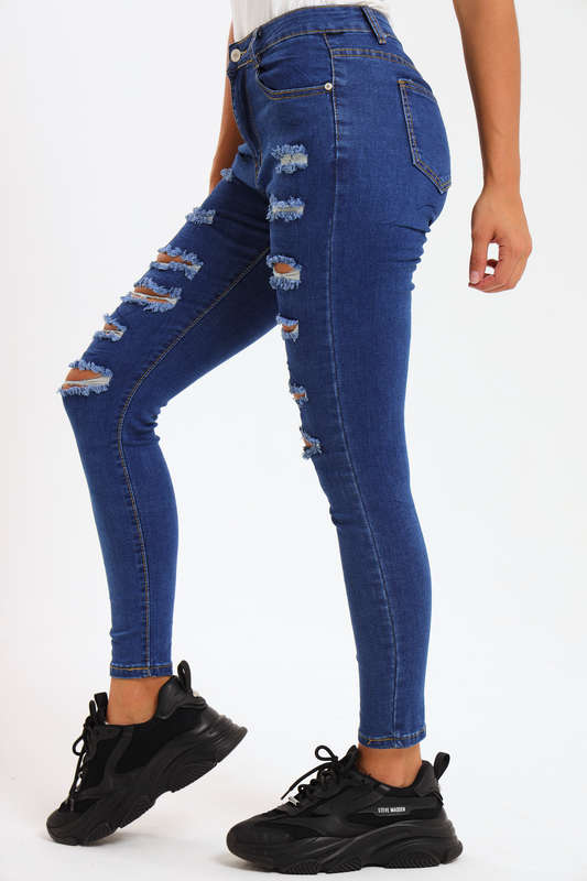 Ladies Dark Blue High Rise Ripped Stretch Skinny Jeans