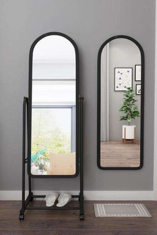 Black Freestanding Tilt Mirror on Wheels &amp; Storage Shelf 1600mm
