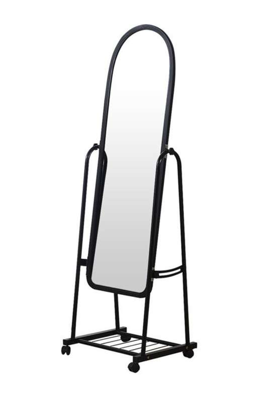Black Freestanding Tilt Mirror on Wheels &amp; Storage Shelf 1600mm