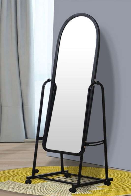 Black Freestanding Tilt Mirror on Wheels &amp; Storage Shelf 1600mm