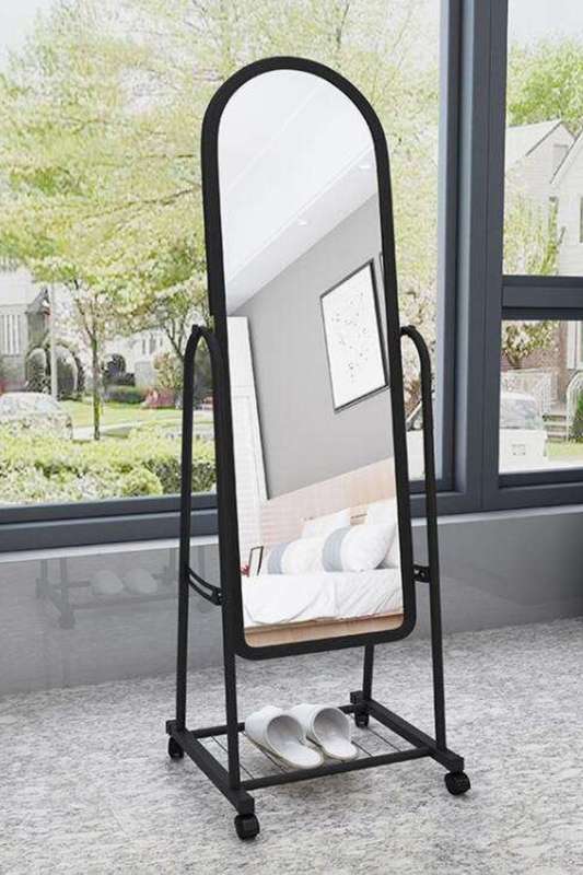 Black Freestanding Tilt Mirror on Wheels &amp; Storage Shelf 1600mm
