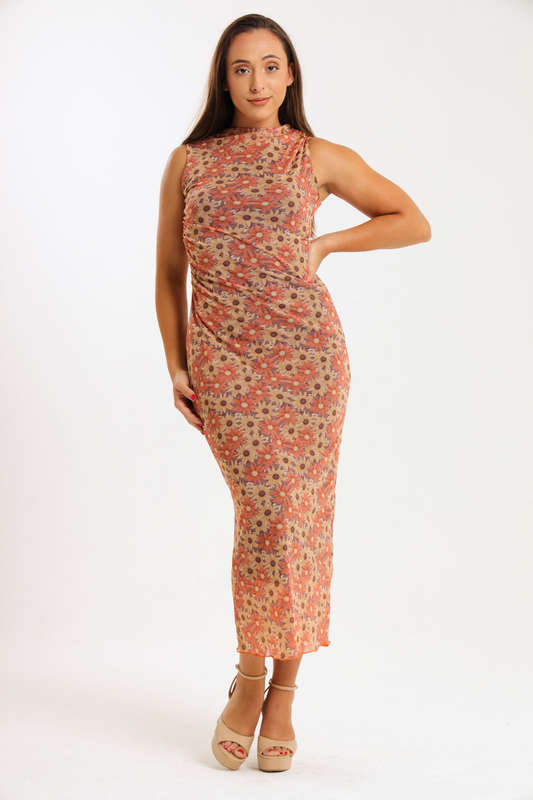 Khloe Sleeveless Meshed Lined Bodycon Maxi Dress