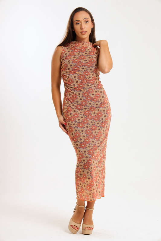 Khloe Sleeveless Meshed Lined Bodycon Maxi Dress
