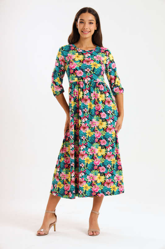 Ladies Aria Floral Printed 3/4 Sleeve Midaxi Dress