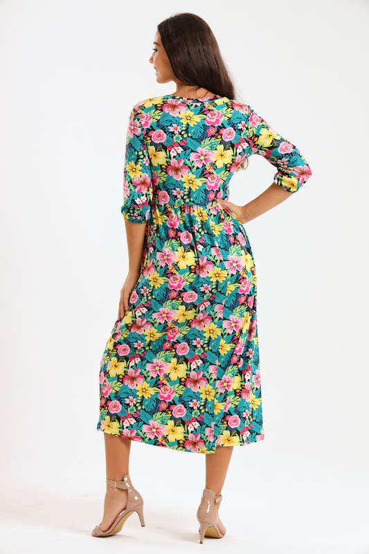 Ladies Aria Floral Printed 3/4 Sleeve Midaxi Dress