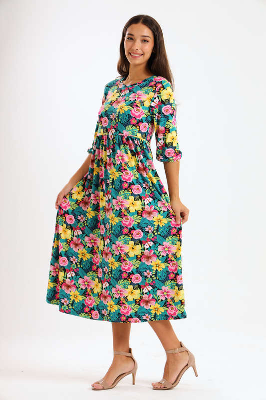 Ladies Aria Floral Printed 3/4 Sleeve Midaxi Dress