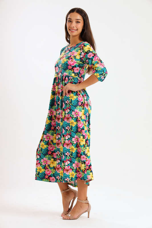 Ladies Aria Floral Printed 3/4 Sleeve Midaxi Dress