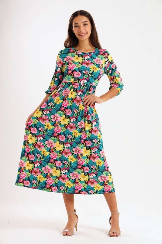 Ladies Aria Floral Printed 3/4 Sleeve Midaxi Dress
