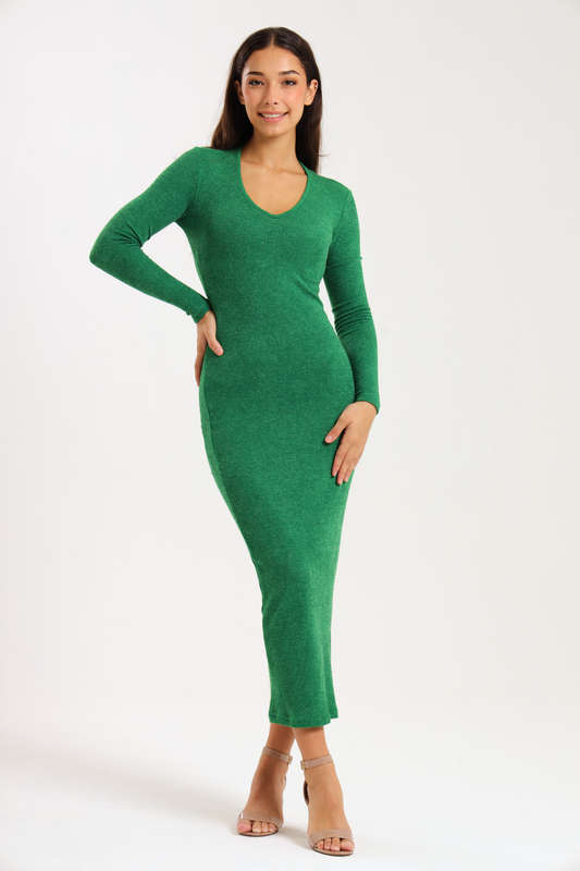 Ladies Italian Ribbed Long Sleeve Bodycon Midaxi Dress