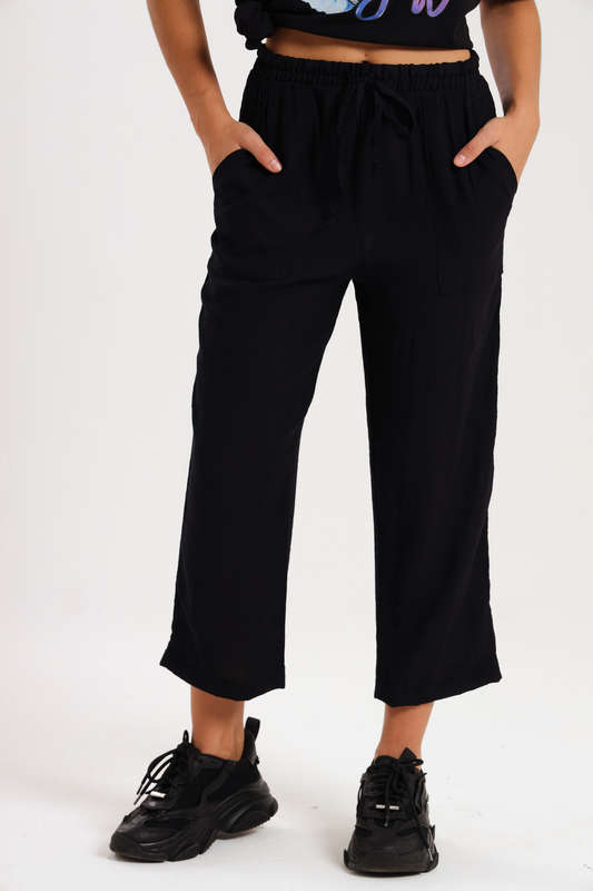 Casual Ladies Black Harem Wide Leg Pants With Pockets