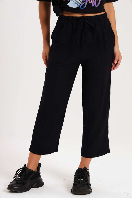 Casual Ladies Black Harem Wide Leg Pants With Pockets