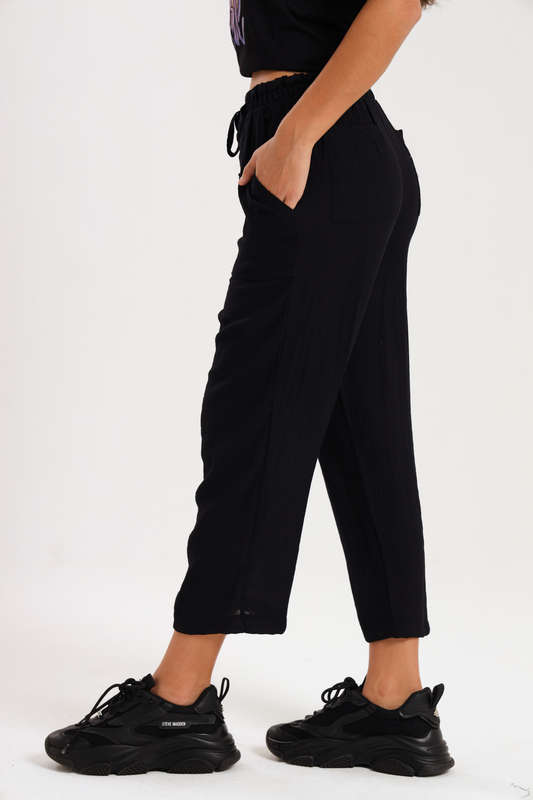 Casual Ladies Black Harem Wide Leg Pants With Pockets
