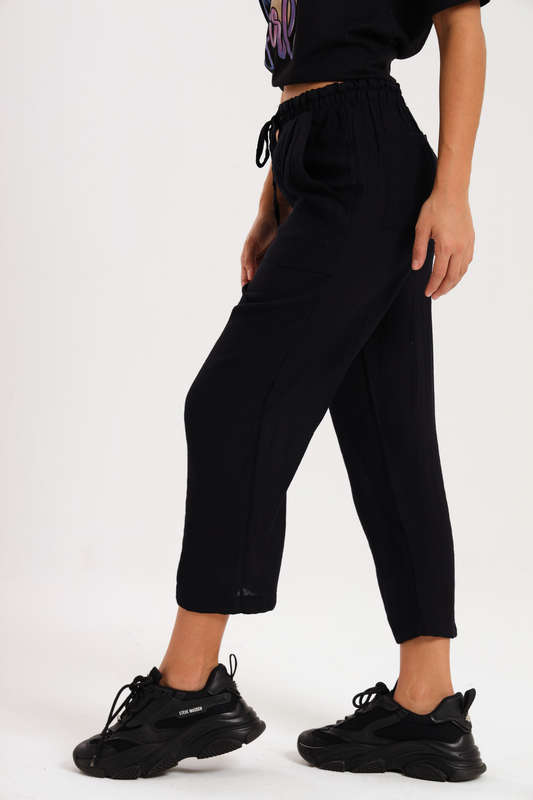 Casual Ladies Black Harem Wide Leg Pants With Pockets