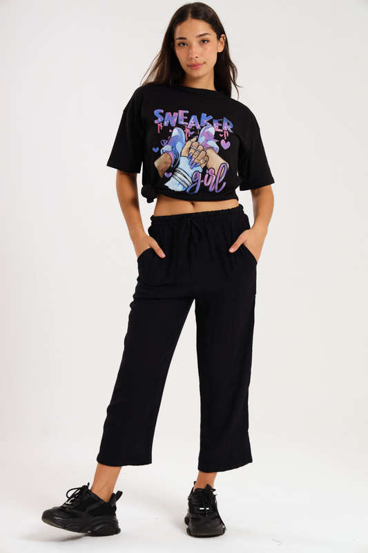 Casual Ladies Black Harem Wide Leg Pants With Pockets