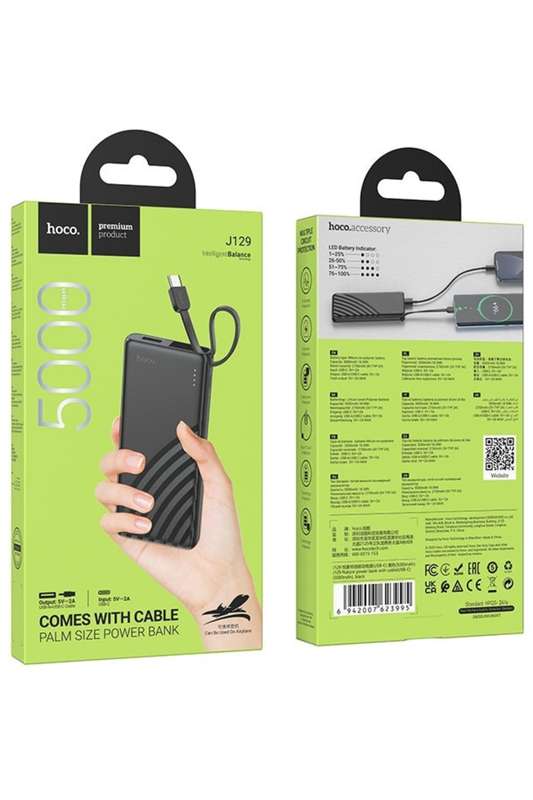 Hoco J129 Small Built-in Type-C Power Bank USB-C 5000mAh Black