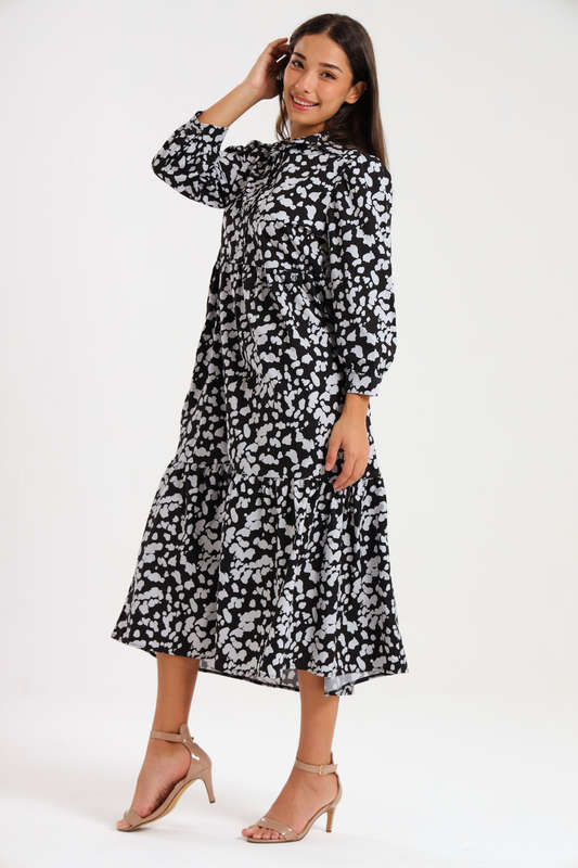 Lillian Long Sleeve Printed Collar Maxi Dress