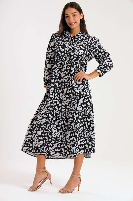 Lillian Long Sleeve Printed Collar Maxi Dress