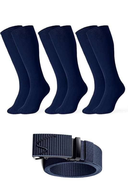 3 Pairs Turkish Men's Luxury Cotton Navy Socks With Free Tactical Belt Combo